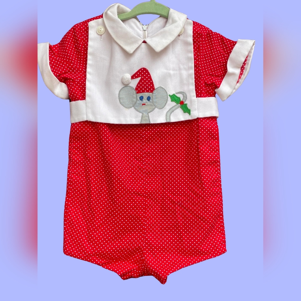 VINTAGE BETTI TERELL JOHNSTON CHRISTMAS MOUSE BABIES POLKA DOT ONE PIECE ROMPER